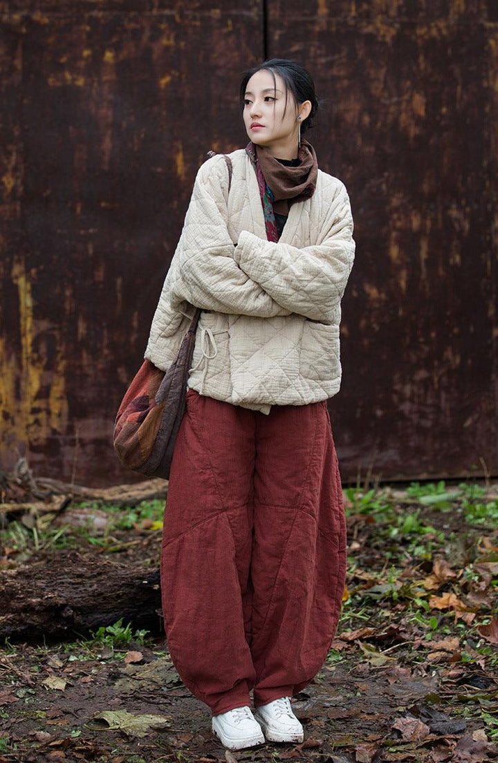 Retro Loose-Fit V-Neck Cotton and Linen Women's Winter Coat-Women's coat-Thebesttailor-Thebesttailor