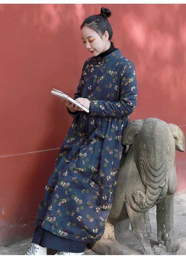 Womens Cotton Floral Chinese Style Tie Waist Dress Navy
