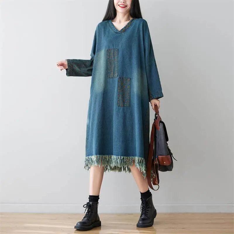 Women's Denim Dress | Denim Fringe Dress | Thebesttailor