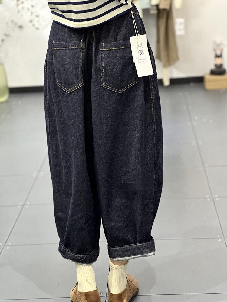 Autumn Denim Cotton Trousers Women Loose Fit Elastic Waist by Thebesttailor