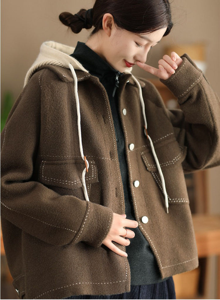 Casual short winter wool jacket with hood