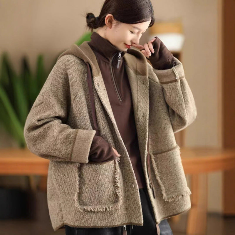 winter wool herringbone pattern jacket with hood womens