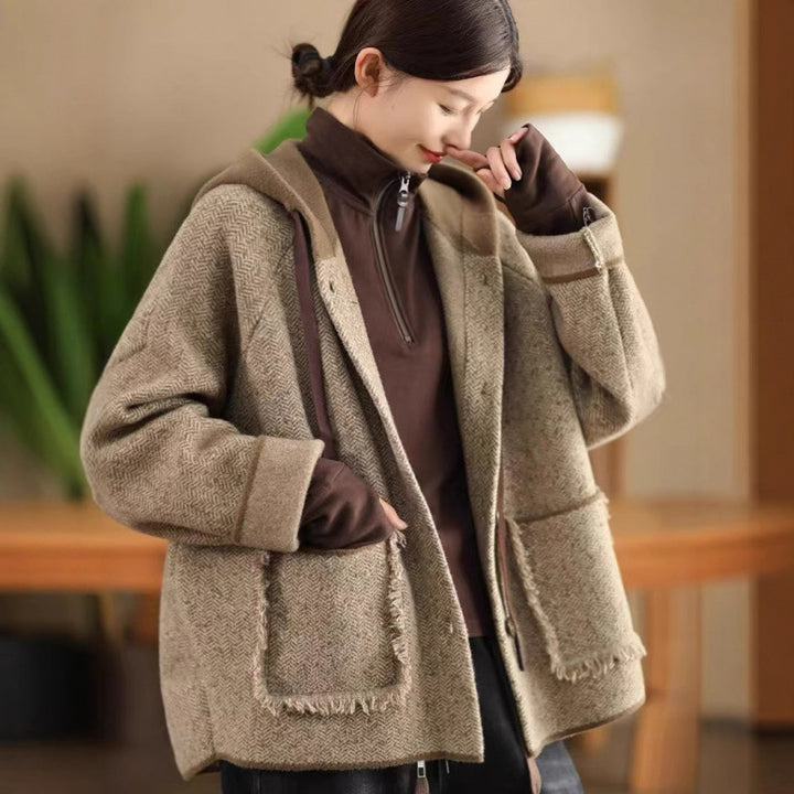 winter wool herringbone pattern jacket with hood womens