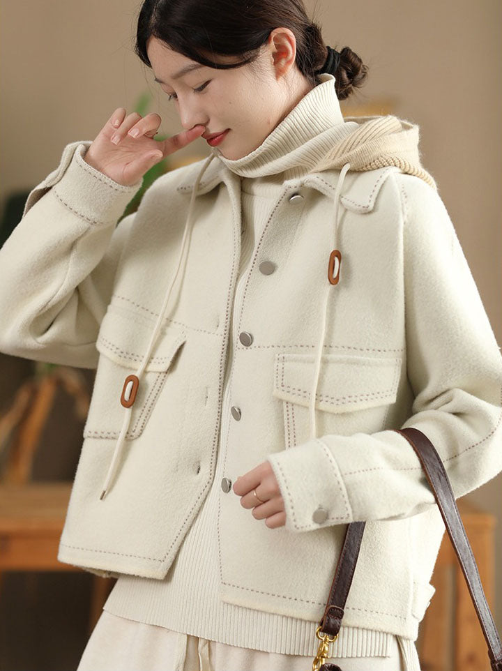 Casual short winter wool jacket with hood