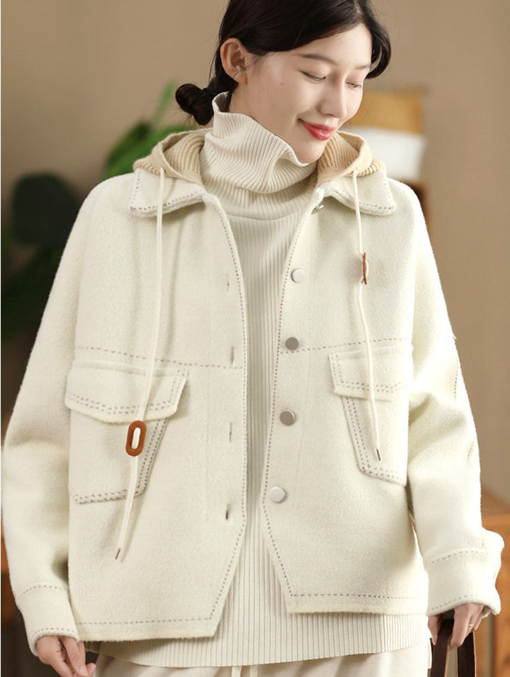 Casual short winter wool jacket with hood