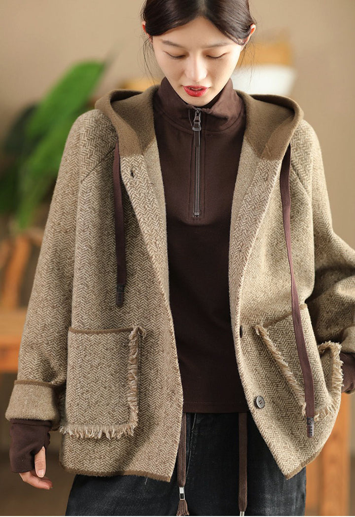 winter wool herringbone pattern jacket with hood womens