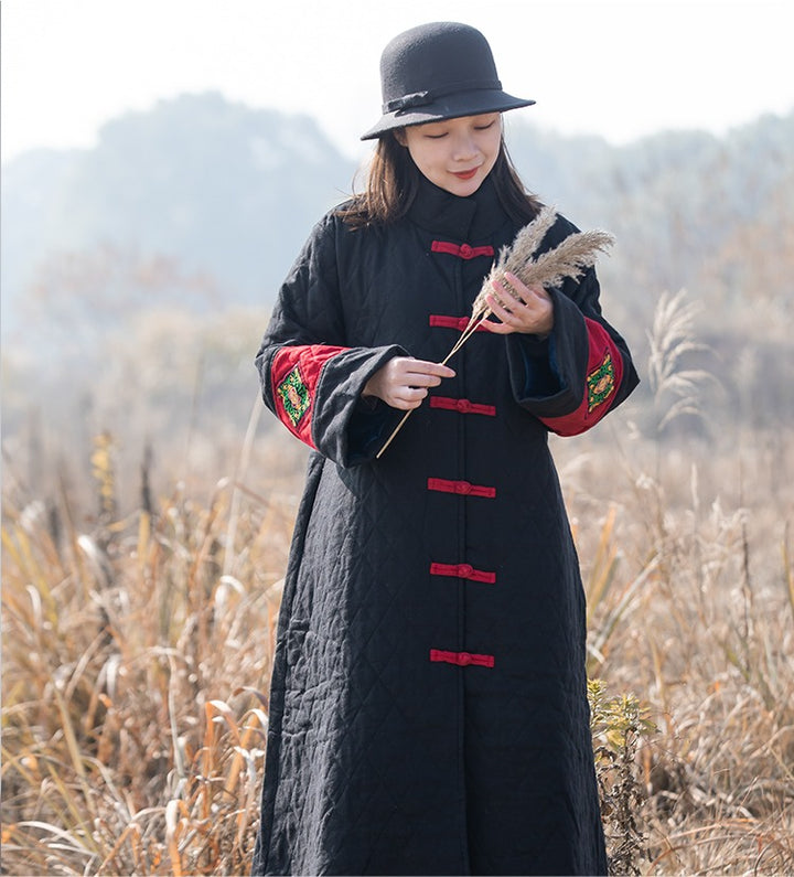 Vintage Chinese Quilted Linen Winter Coat Red Black