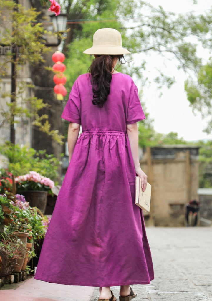 Summer Purple Linen Wrap Dress for Women