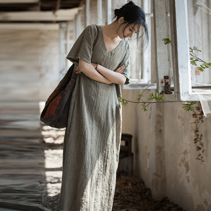 Summer Linen Tie-Dyed Fried Color V-Neck Dress for Women