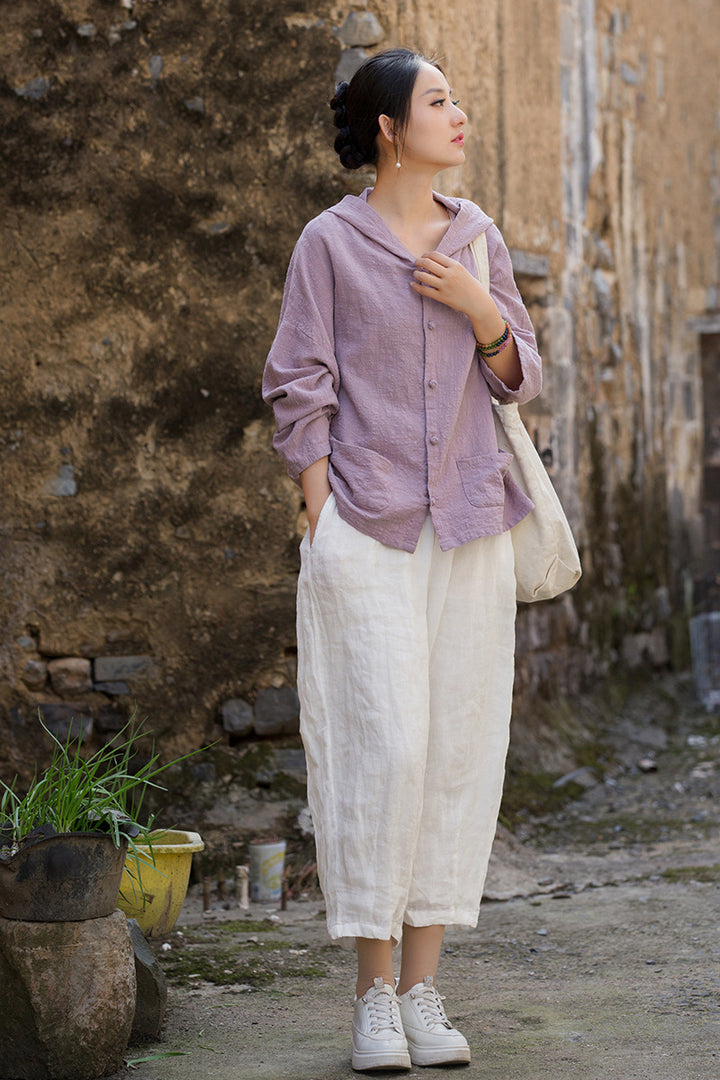 Women's Linen Sand-Washed Hooded Long-Sleeved Blouse