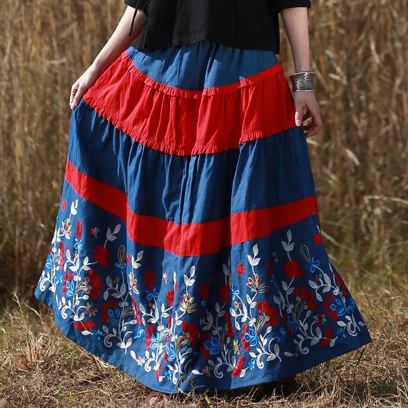 Bohemian Blue Floral Long A-line Skirt in Cotton/Linen-Women's Skirts-Thebesttailor-One size-Blue-Cotton-Thebesttailor