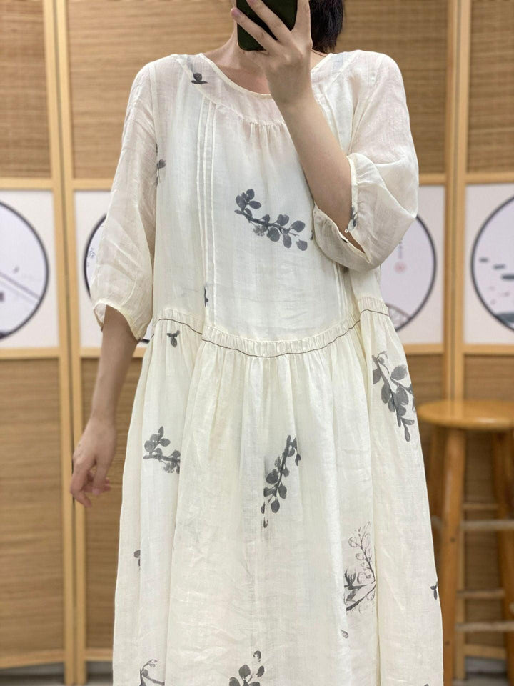 Plus Size Women's Ramie Summer Print Dress features a light, airy design with a round neck and half sleeves, perfect for summer.