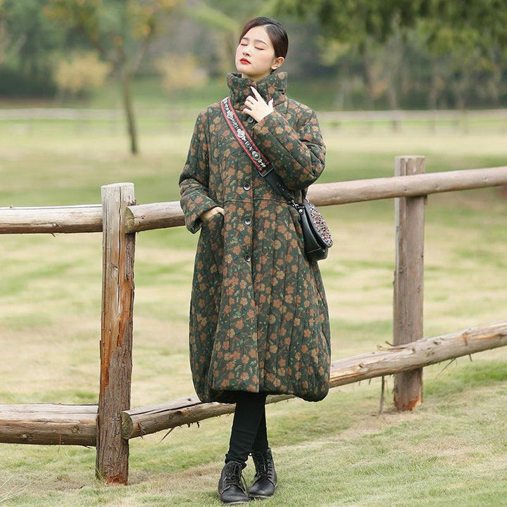 Retro Floral Stand-Up Collar Loose Fit Fleece Coat for Women-Women's coat-Thebesttailor-One size-Green-Linen-Thebesttailor