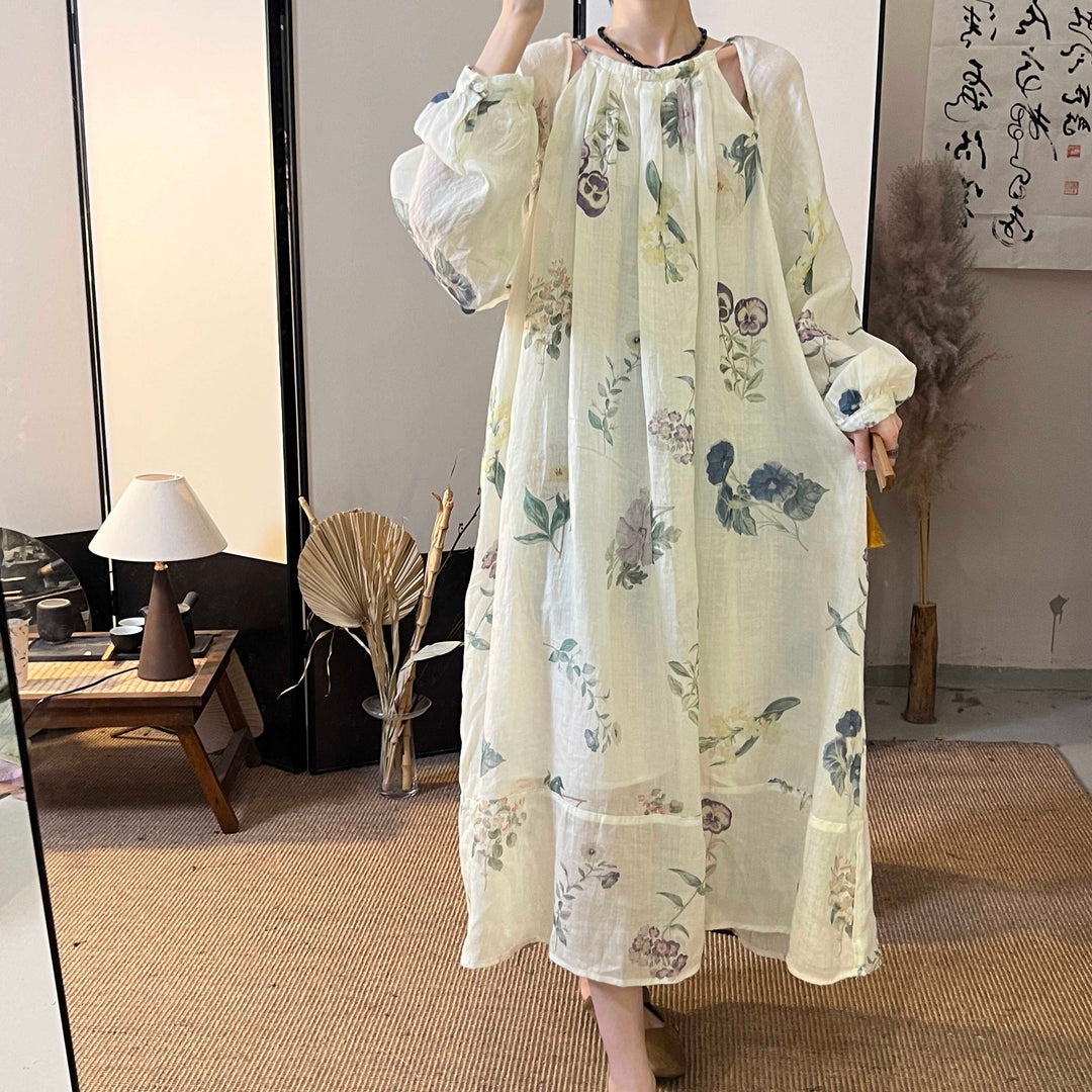 Casual Ramie Printed Long Sleeve Maxi Dress