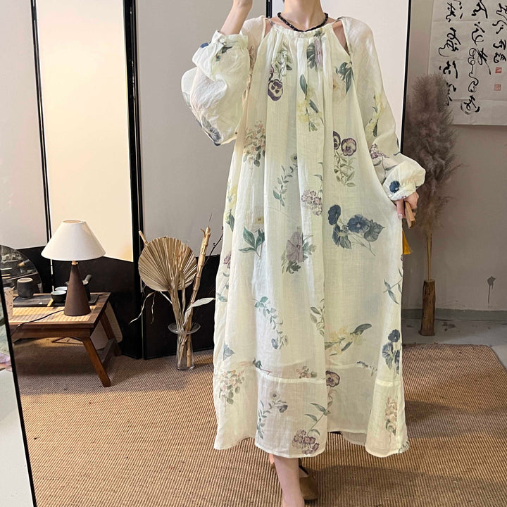 Casual Ramie Printed Long Sleeve Maxi Dress