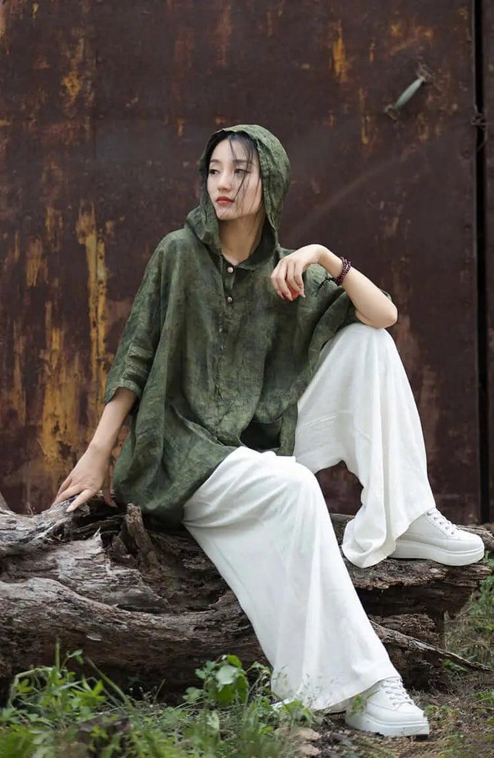 Hooded Vintage Green Linen and Ramie Sun Shirt for Women-Women's Shirt-Thebesttailor-Thebesttailor