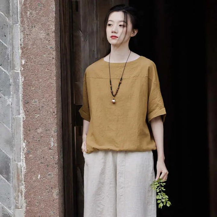 Loose White Cotton and Linen Short Sleeve T-shirt for Women-Women's Shirt-Thebesttailor-One size-Ginger-Thebesttailor