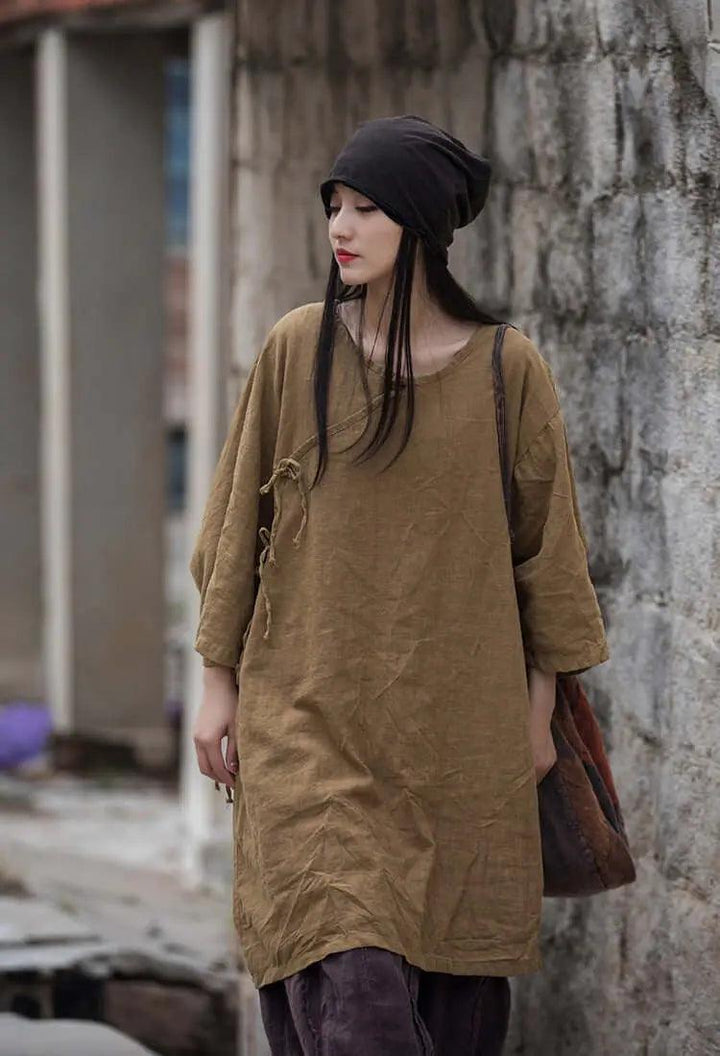 Elegant Vintage Dark Brown Linen Shirt for Women-Women's Shirt-Thebesttailor-One size-Brown-Linen Cotton-Thebesttailor