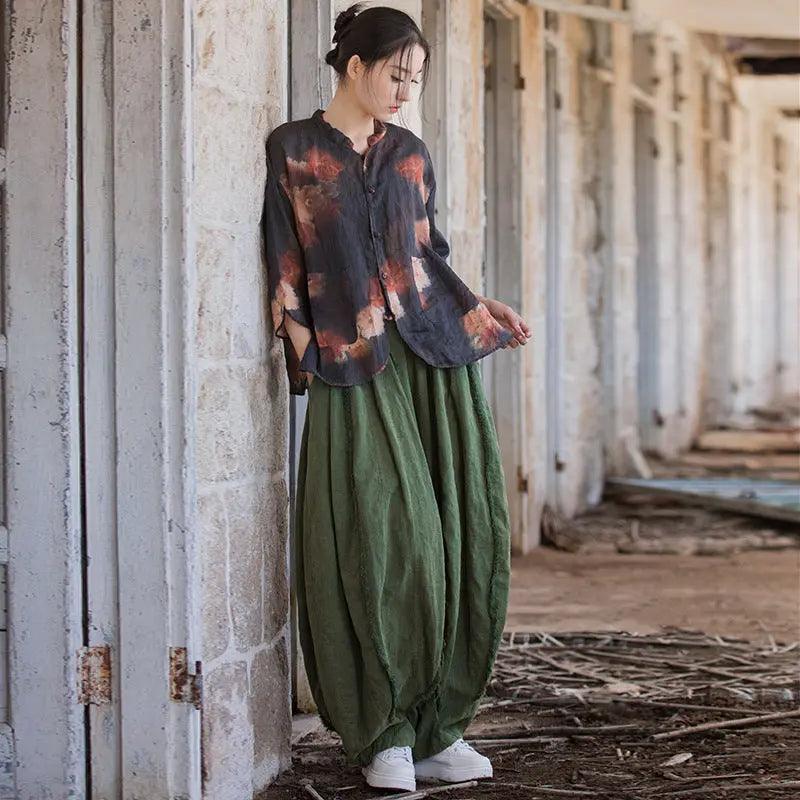 Women's Summer Green Linen Tapered Harem Pants with Bohemian Maxi Length by Thebesttailor