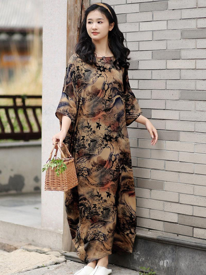 Retro Floral Cotton Half-Sleeved Maxi Dress for Women-Women's dress-Thebesttailor-Thebesttailor