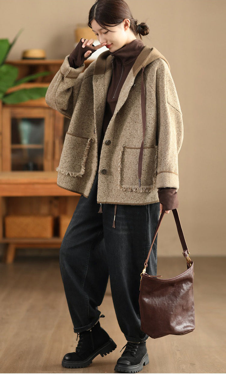 winter wool herringbone pattern jacket with hood womens