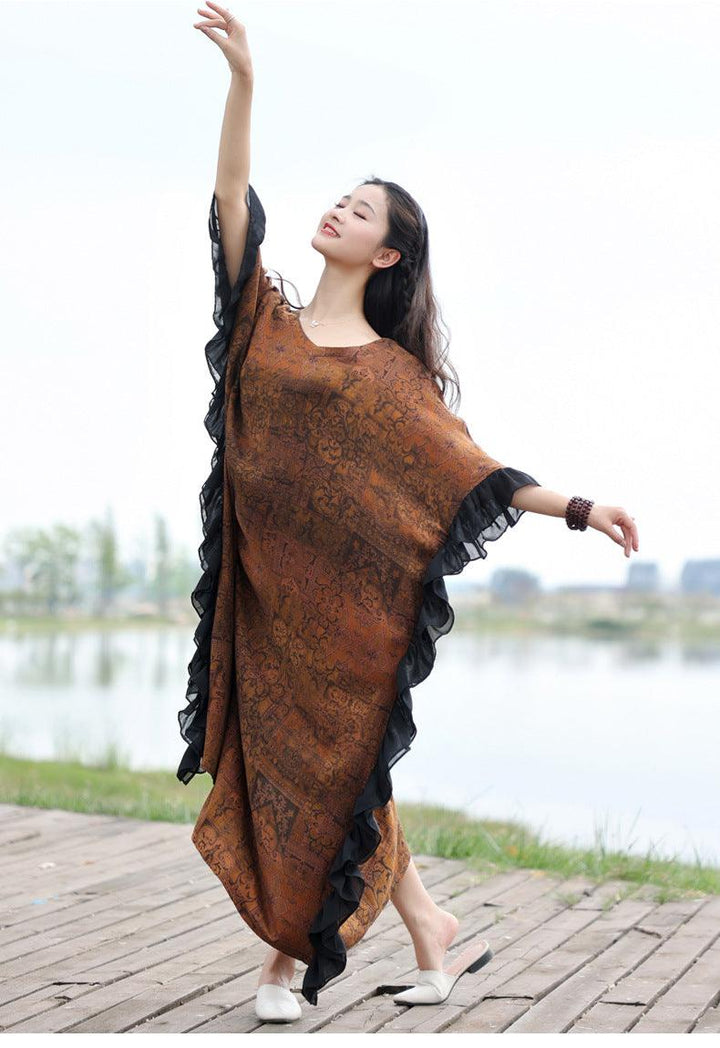 Retro Brown Cotton Bat Sleeve Maxi Dress for Women-Women's dress-Thebesttailor-Thebesttailor