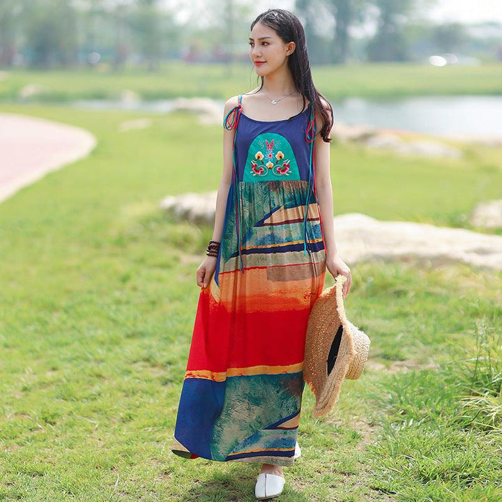 Bohemian Embroidered Sling Maxi Dress for Casual Beach Wear-Women's dress-Thebesttailor-Thebesttailor