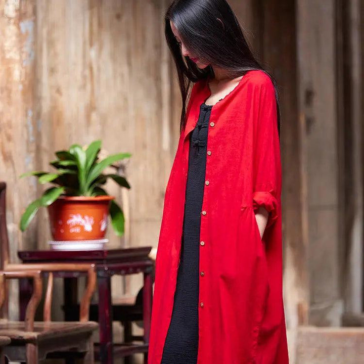 Stylish Red Retro Women's Cotton Long Sleeve Shirt-Women's Shirt-Thebesttailor-One size-Red-Thebesttailor