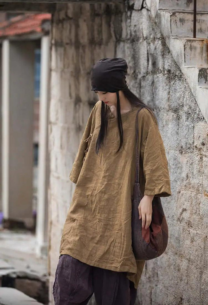 Elegant Vintage Dark Brown Linen Shirt for Women-Women's Shirt-Thebesttailor-Thebesttailor