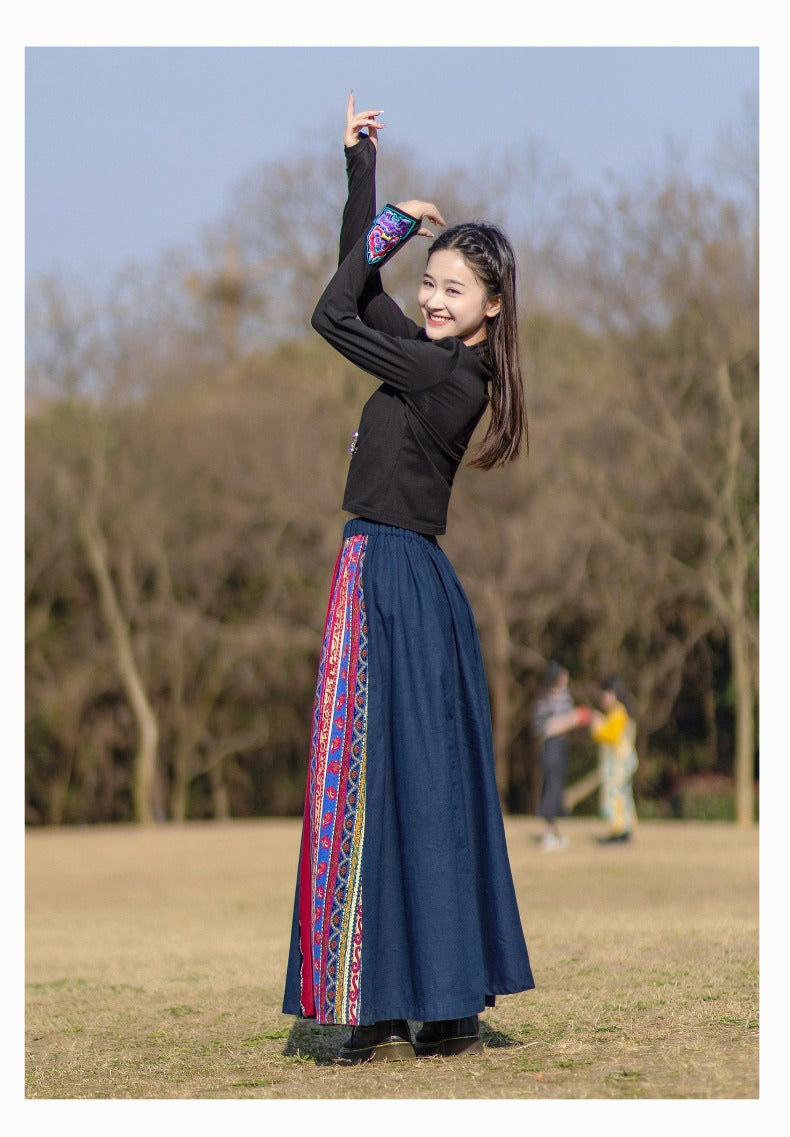 Cotton And Linen boho Elastic Waist Wide Sleeve Maxi Skirt