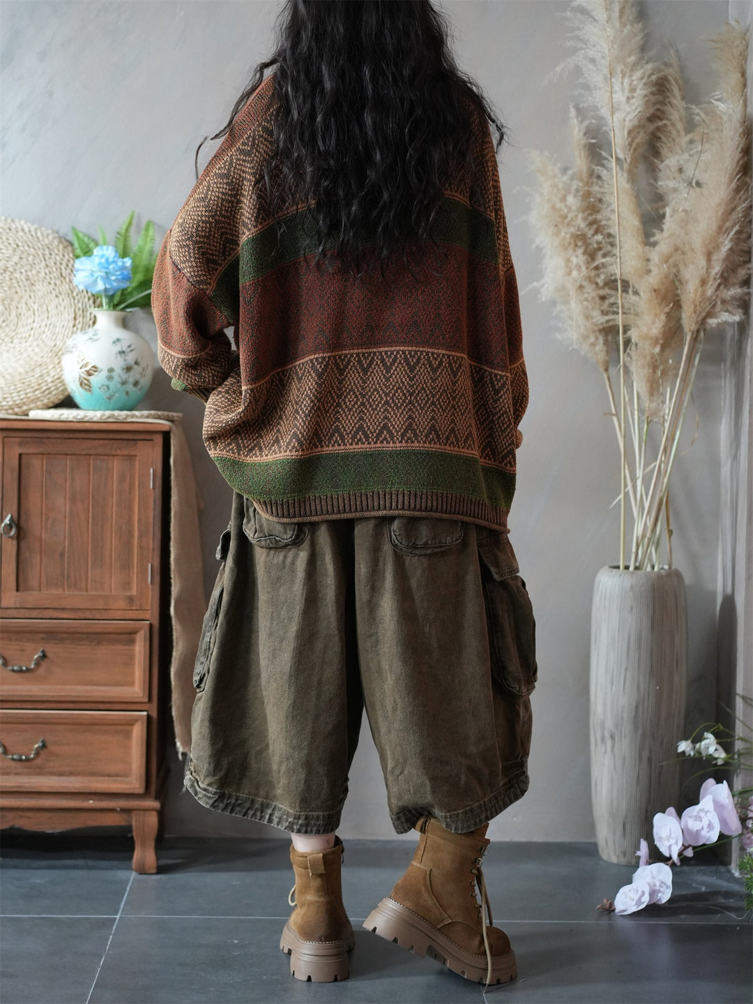 Cotton Oversized Striped Knitted Sweater for Women