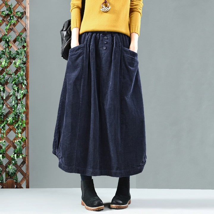Skirt Midi Women Spring Corduroy Skirt with Pockets