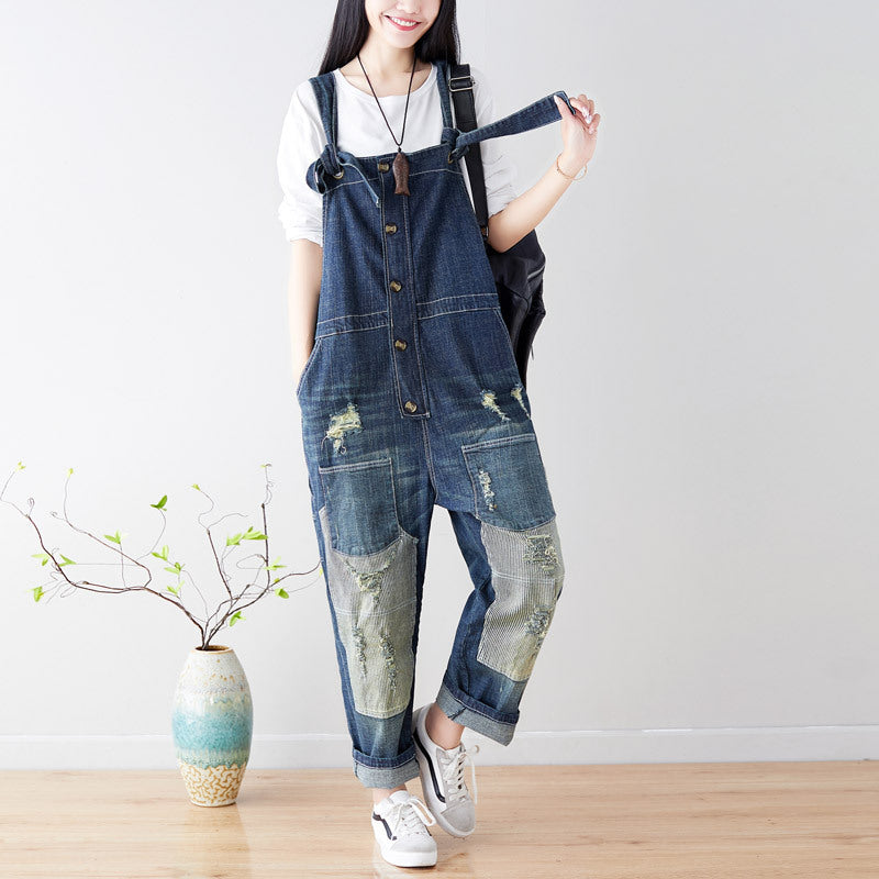 Casual Retro Ripped Overalls For Women In Blue by Thebesttailor