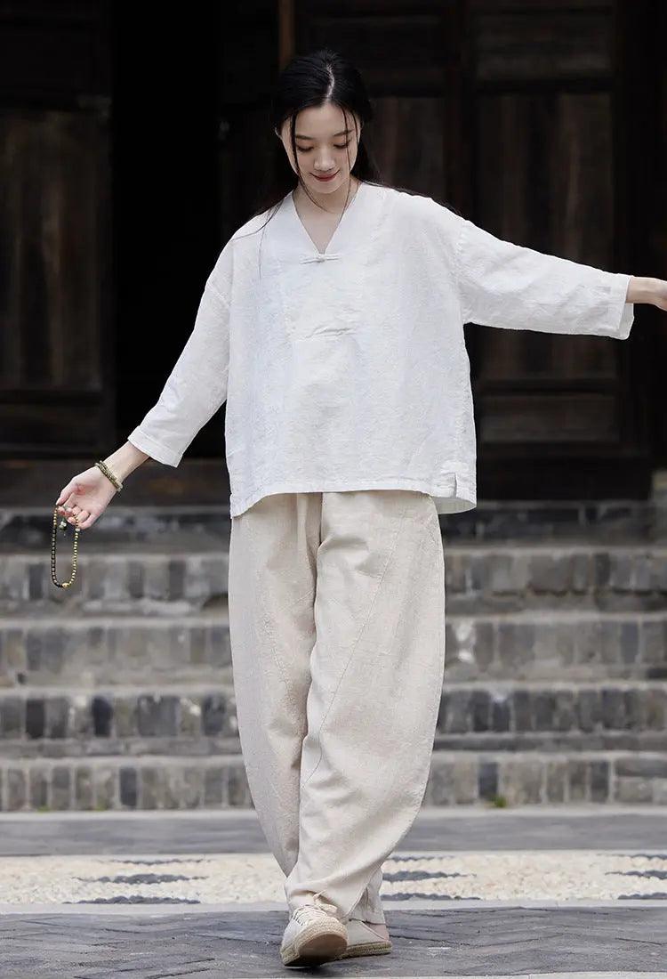linen shirts women summer tops womens blouses 3 4 sleeve tops-Women's Shirt-Thebesttailor-Thebesttailor