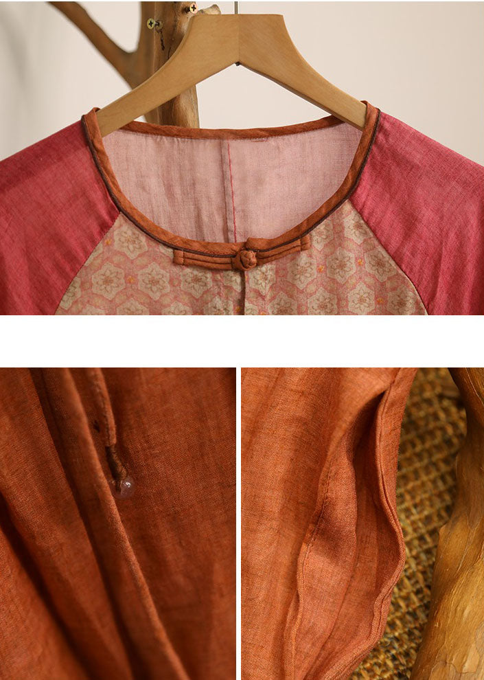 Summer Ramie Orange Patchwork with Pockets Dress for Women