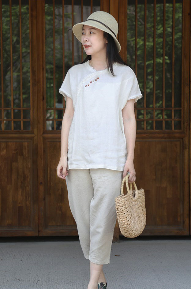 Women's Summer Linen Tapered Pants with Pockets