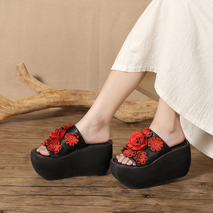 Cowhide Thick-Sole floral sandals for women