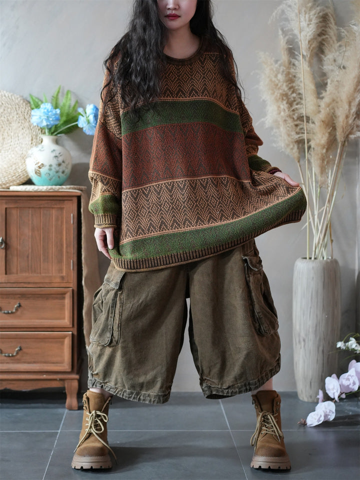 Cotton Oversized Striped Knitted Sweater for Women