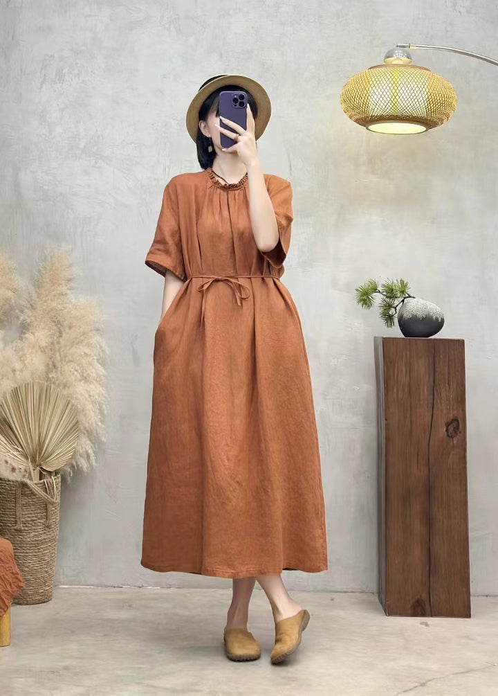 Linen Midi Wrap Dress With Sleeves And Pockets