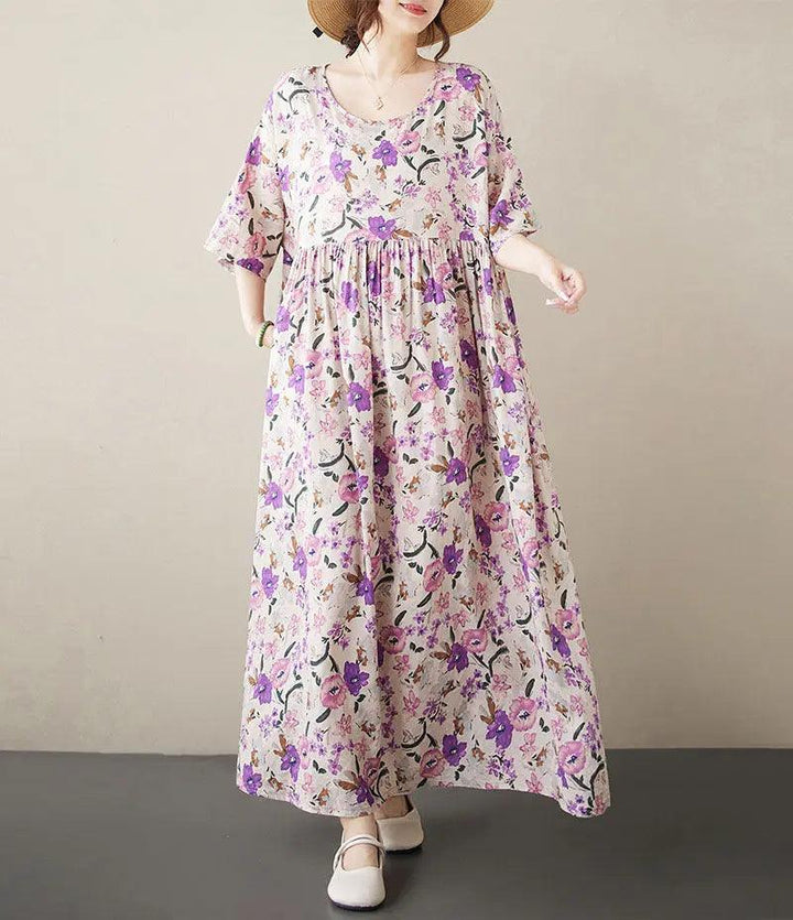 Bohemian Maxi Dress Pink Floral Cotton Dress with Half Sleeves-Women's dress-Thebesttailor-Thebesttailor