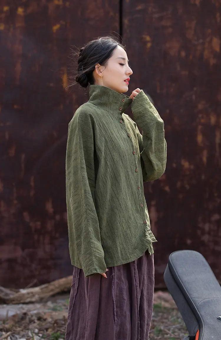 Linen Blouse for Women Elegant Linen Turtleneck Cardigan Blouse-Women's Shirt-Thebesttailor-Thebesttailor