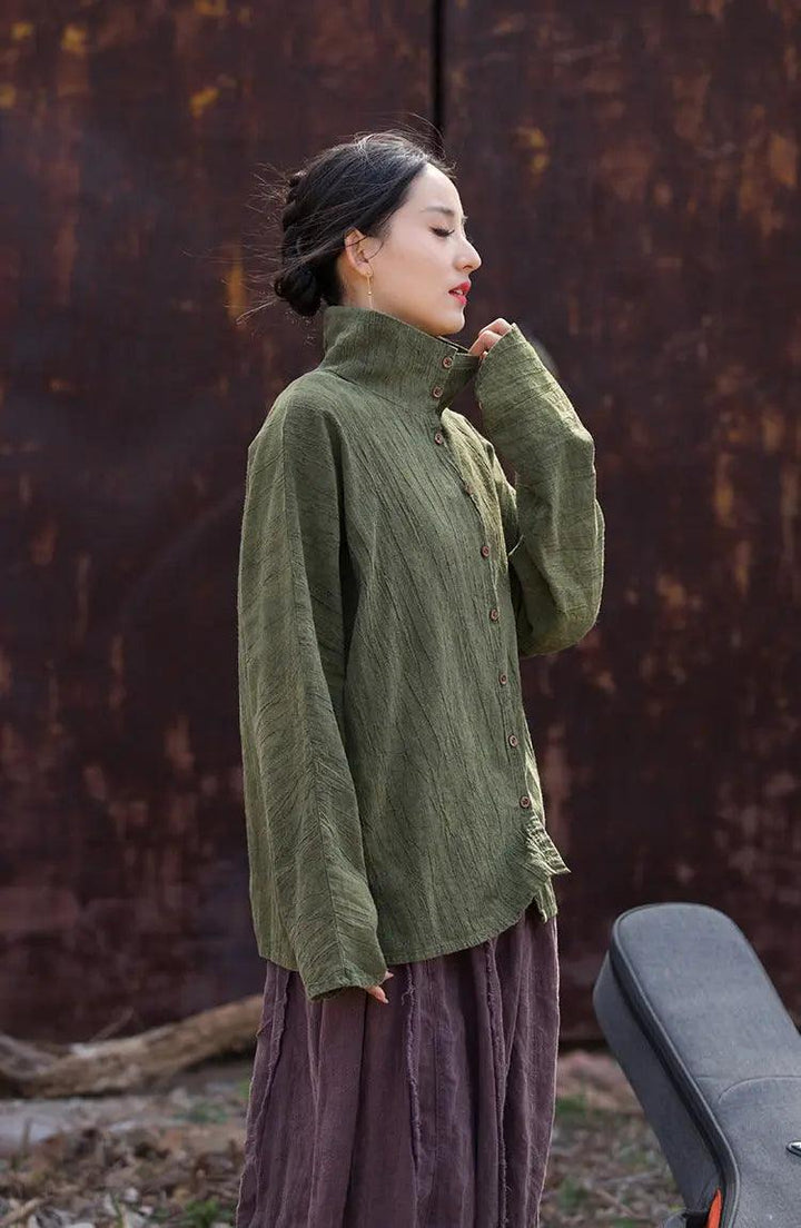 Linen Blouse for Women Elegant Linen Turtleneck Cardigan Blouse-Women's Shirt-Thebesttailor-Thebesttailor