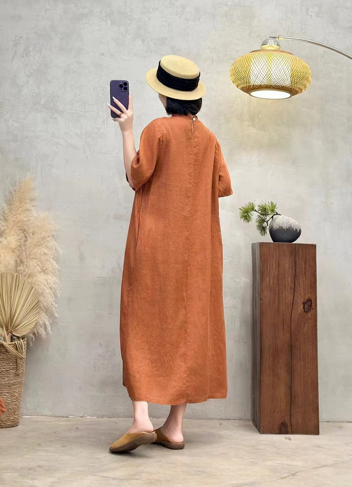 Linen Midi Wrap Dress With Sleeves And Pockets