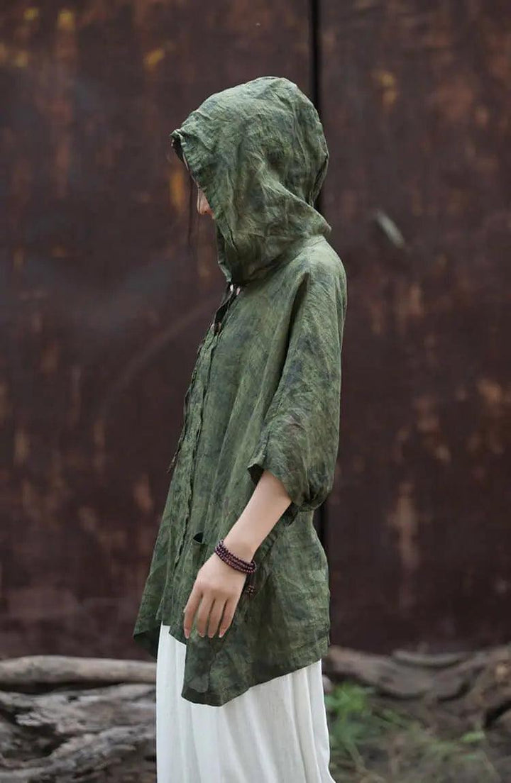 Hooded Vintage Green Linen and Ramie Sun Shirt for Women-Women's Shirt-Thebesttailor-Thebesttailor