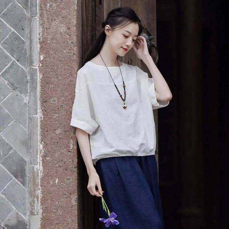 Loose White Cotton and Linen Short Sleeve T-shirt for Women-Women's Shirt-Thebesttailor-Thebesttailor