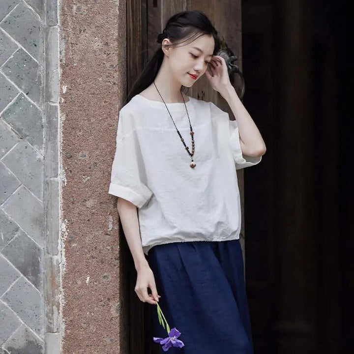 Loose White Cotton and Linen Short Sleeve T-shirt for Women-Women's Shirt-Thebesttailor-Thebesttailor