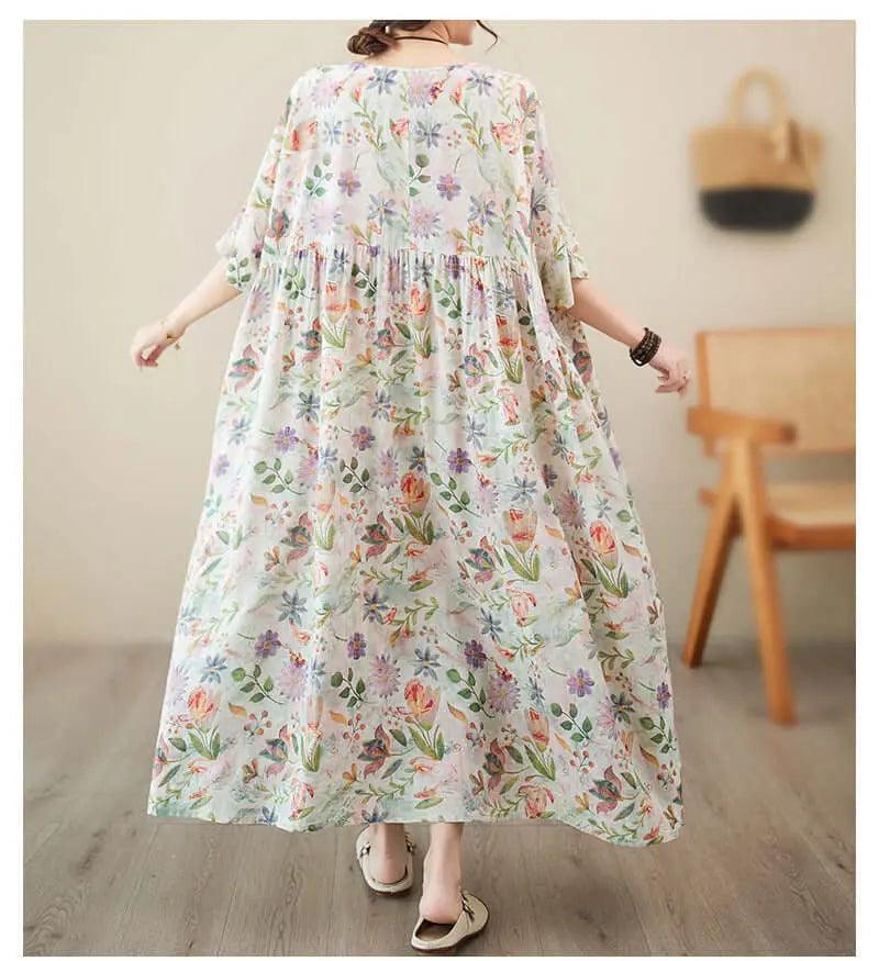 Women's Summer Dress Flowery Green Linen A-Line Dress-Women's dress-Thebesttailor-Thebesttailor
