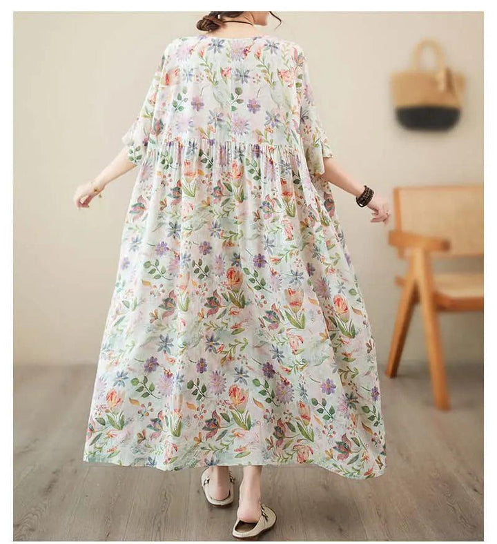 Women's Summer Dress Flowery Green Linen A-Line Dress-Women's dress-Thebesttailor-Thebesttailor