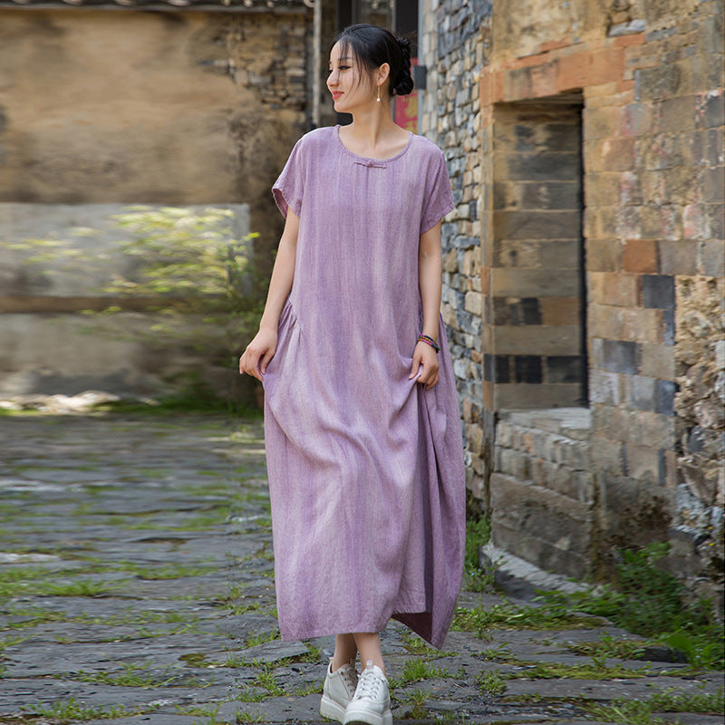Women's Summer Linen Tie-Dye Short-Sleeved Dress for Comfort