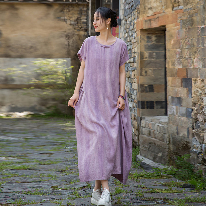Women's Summer Linen Tie-Dye Short-Sleeved Dress for Comfort